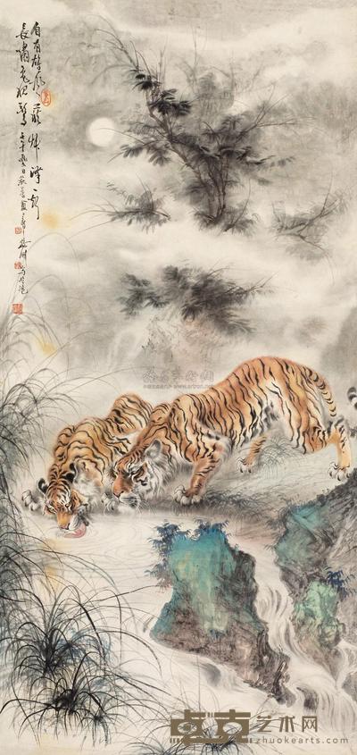 蔡鹤洲 壬午(1942年)作 双虎吸水图 立轴 98×47cm