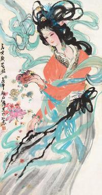 石齐 庚申（1980年）作 天女散花图 镜片