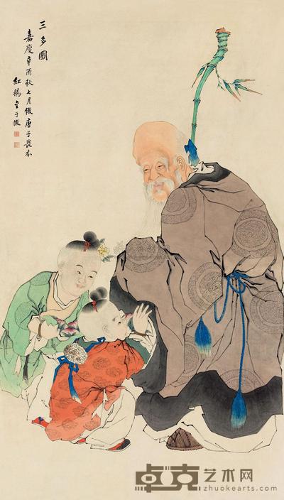 金子澄 辛酉（1801）年作 三多图 立轴 141×79cm