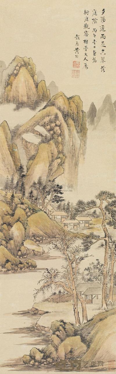 黄均（古） 丙午（1846）年作 山色烟雨 立轴 129×40cm