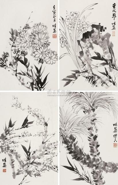 郭味蕖 花卉 （四帧） 镜心