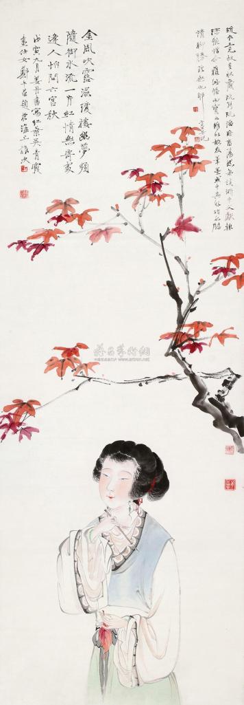 吴青霞 姜丹书 郑午昌 戊寅（1938年）作 红叶题诗 立轴
