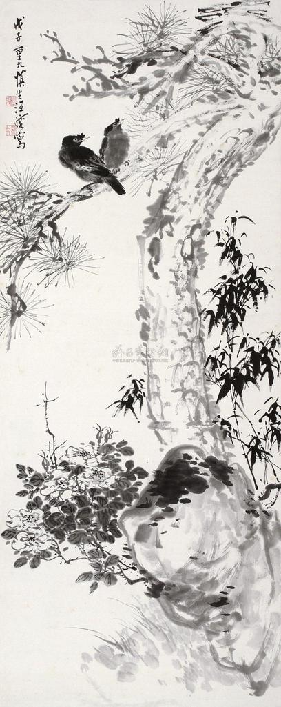 汪溶 戊子（1948年）作 古木八哥图 立轴