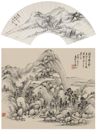 顾麟士 吴徵 甲辰（1904年）作己卯（1939年）作 荒亭野逸图 溪山隐居图 扇面