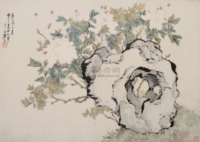 居廉 庚子(1900年)作 牡丹蜂趣图 立轴