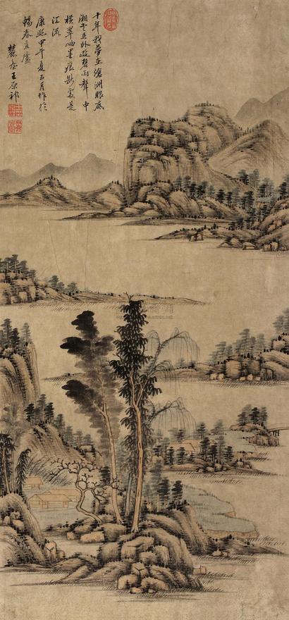 王原祁 （款） 甲午（1714年）作 湖山平远图 立轴