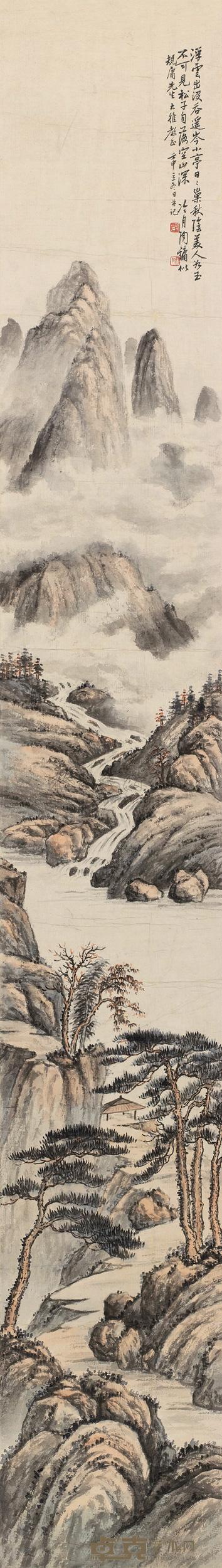 陶冷月 1932年作 松山溪亭 立轴 129.5×18.5cm