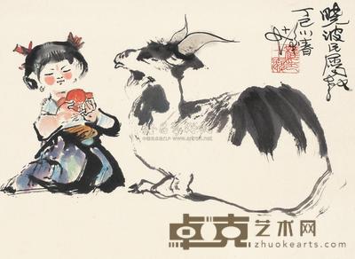 程十发 1977年作 少女与羊 镜框 32.5×44.5cm
