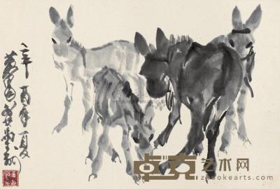 黄胄 1981年作 群驴图 镜片 29×42cm
