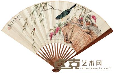 江寒汀 高振霄 1942年作 柳间鸣情 行书 成扇