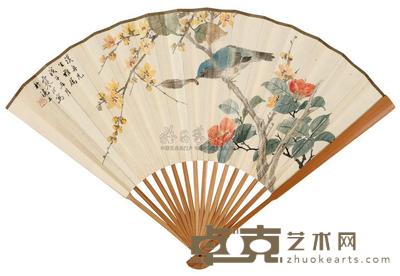 江寒汀 杨研芗 1948年作 山茶雀梅 行书 成扇