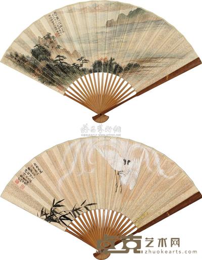 吴湖帆 张善孖 1935年作 天下第一江山图 朝阳鸣凤 成扇