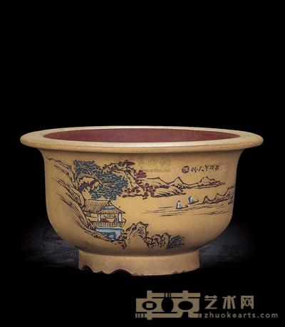 任淦庭、蒋荣西刻 紫砂花盆 直径27.5cm；高14cm