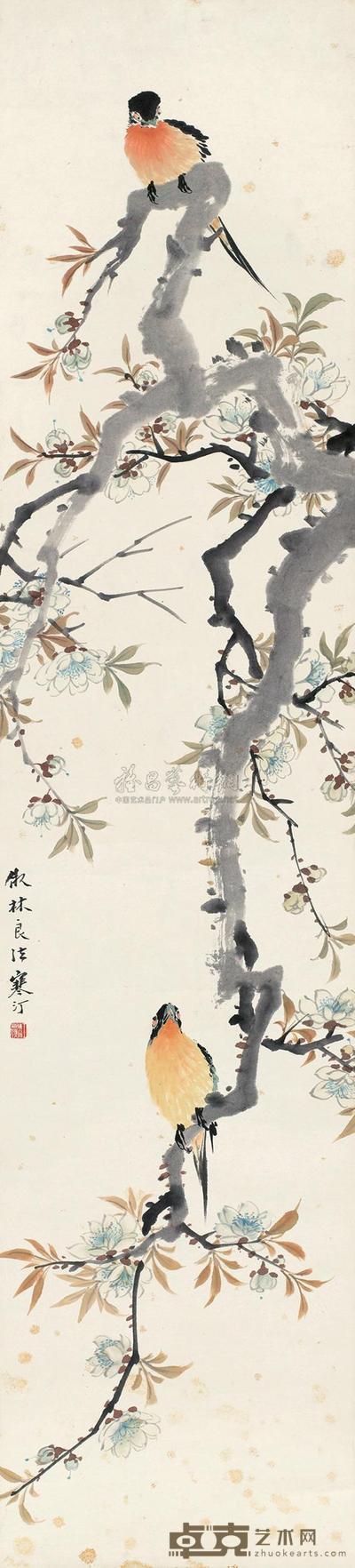 江寒汀 桃花黄鹂 立轴 104×23cm