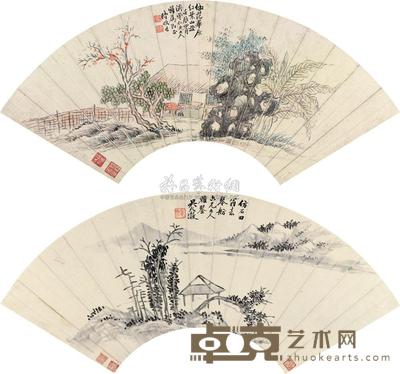 陆恢 吴大澂 1892年作 仿范华原红叶山庄、仿石田山水 扇面 