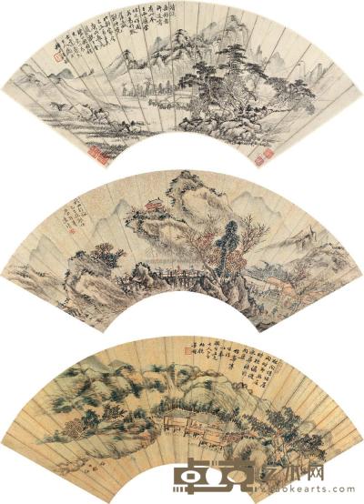 汪昉 陈墫 董耀 1850年作 清溪垂钓、秋山行旅、林壑结屋 扇面 