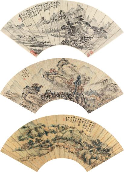 汪昉 陈墫 董耀 1850年作 清溪垂钓、秋山行旅、林壑结屋 扇面