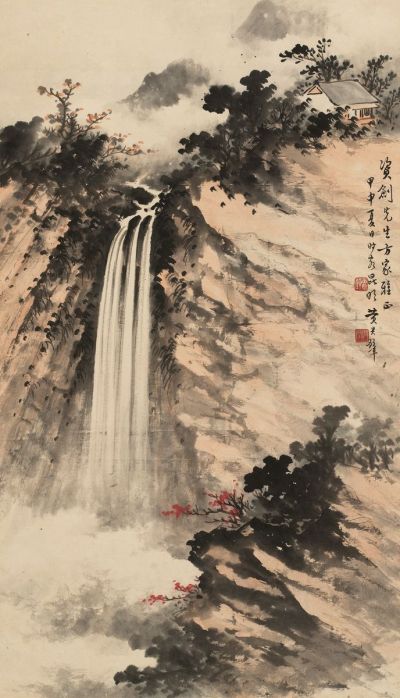 黄君璧 1944年作 秋瀑层云 镜心