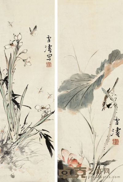 王雪涛 荷塘禽鸣等 （两件） 镜心 54.5×17cm×2