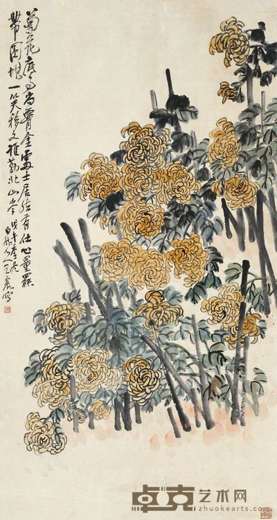 王震 1918年作 秋菊 立轴 175×93cm