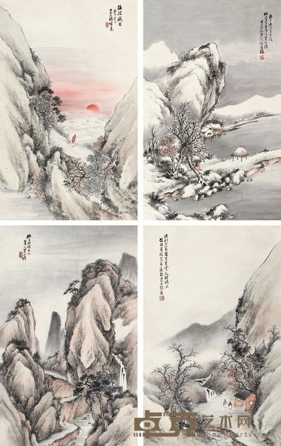 吴石仙 1906年作 尘看云气屏 四屏 49×31cm