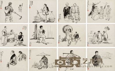 方济众 1986年作 江村组画册 （四件） 镜片 33×33cm×4