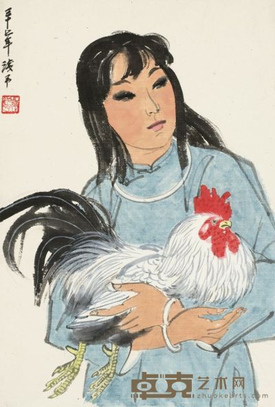 叶浅予 1948年作 养鸡姑娘 镜片 53.5×36cm