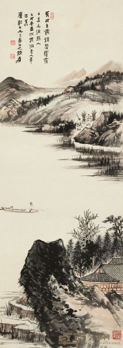 张大千 1939年作 落日渔樵 镜片 98×35cm