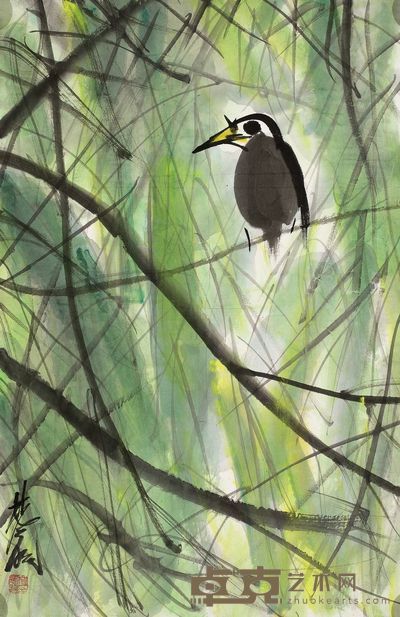 林风眠 深柳栖禽 镜片 67×43.5cm