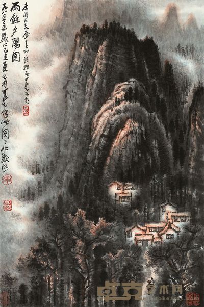 李可染 1985年作 雨余夕阳图 镜片 69×46cm