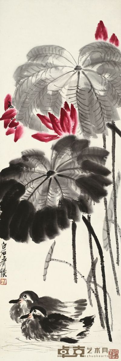 齐白石 鸳鸯和合图 立轴 143×48cm