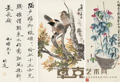 齐白石 胡适 等 花卉 书法 （三件） 立轴 106×44cm；27×61.5cm；76×42cm