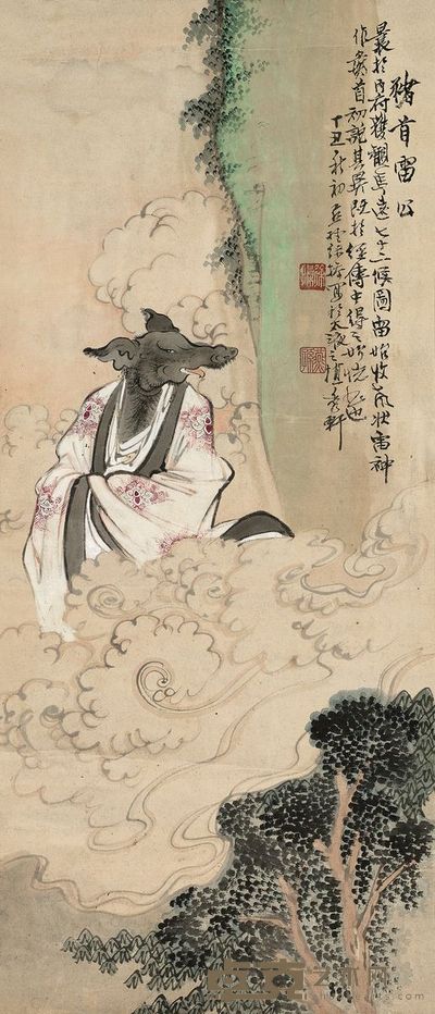 徐操 1937年作 猪首雷公 立轴 51×21.5cm