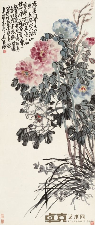 吴昌硕 1921年作 幽香富贵 镜片 136×57.5cm