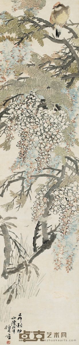 任伯年 1879年作 紫藤栖莺 立轴 137×31.5cm