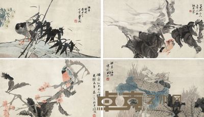 任伯年 1875年作 四时栖禽 （四件） 镜片 35.5×62.5cm