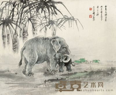 张善孖 1929年作 蕉林护犊 立轴 57×47.5cm