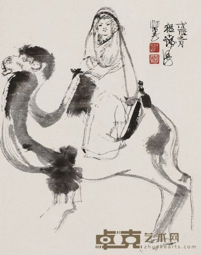 程十发 1988年作 塞外风情 立轴 42×33cm