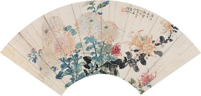 陆抑非 1940年作 菊石图 扇面