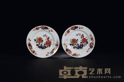 清康熙 青花矾红描金花卉纹碟 （一对） 直径23cm