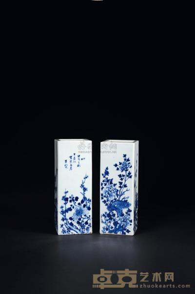民国 青花花卉纹四方花插 （一对） 高28cm