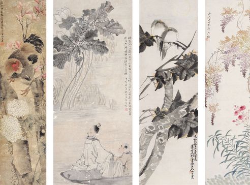 张宏 王元实 莲叔 刘介眉 高官图 人物 花鸟 花卉 立轴 立轴 立轴 立轴