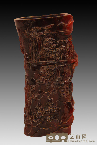 清 犀角雕山水人物纹杯 高：16cm