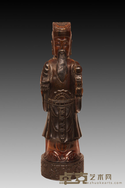 清 犀角雕财神摆件 高：21.5cm