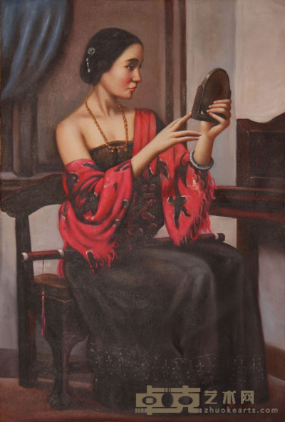 《照镜子的妇人》油画 93×62cm