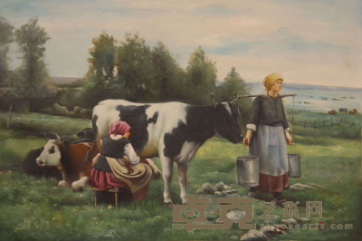 《挤奶》油画 93×62cm