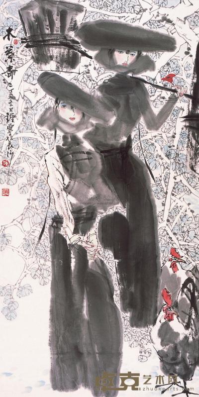 钟增亚 1997年作 木叶青青 镜片 138×69cm