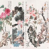 贾广健 2008年作 花鸟 四屏