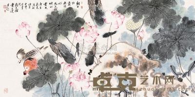 贾广健 2010年作 荷花艳映水云天 镜片 68×136cm