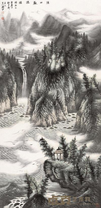 曾先国 2005年作 溪山观瀑图 镜片 134×65cm